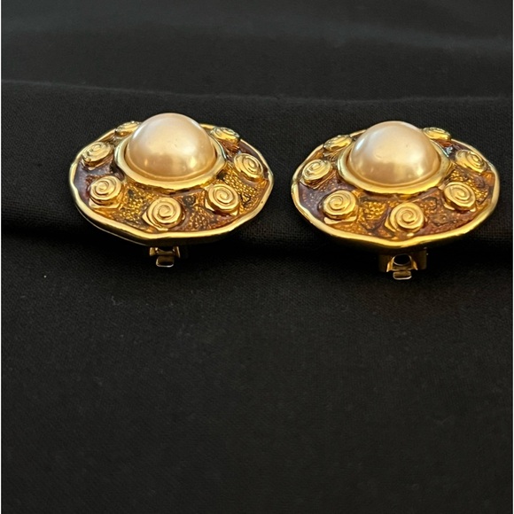 Gold Tone and Faux Pearl Earrings - Picture 6 of 9